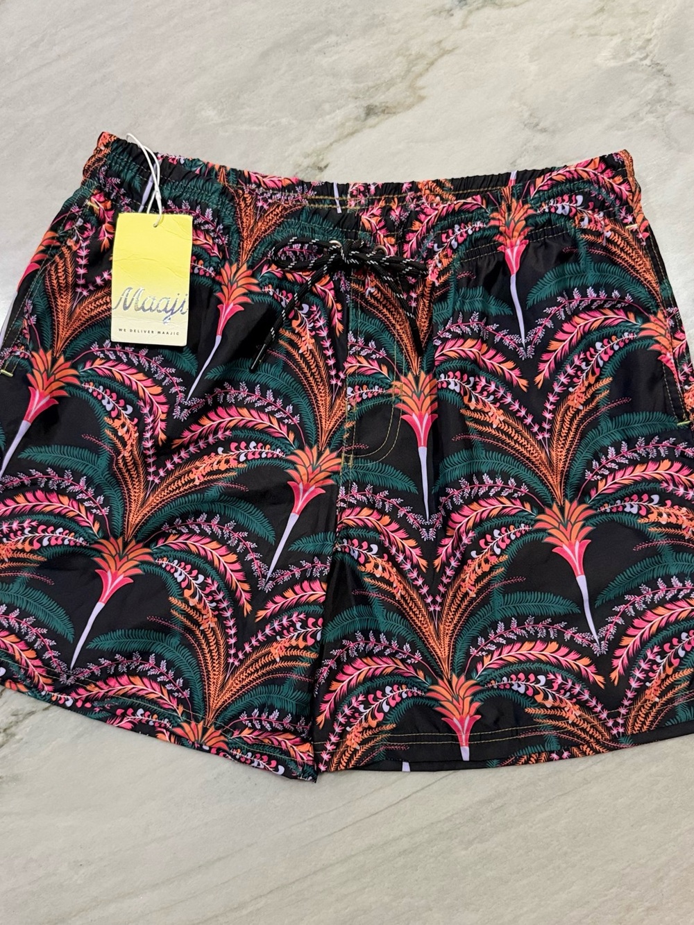 New Maaji Black Shorts with Pink and Green Palm Motif. Size Large